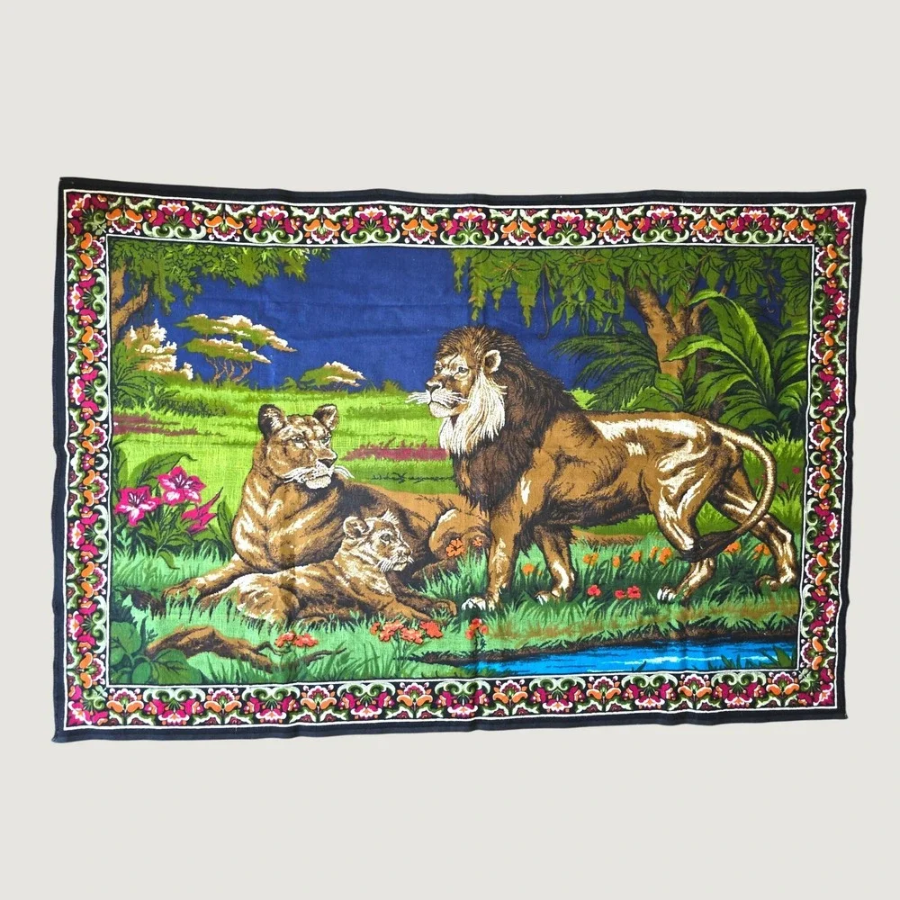 Vintage Lion Family Jungle Woven Wall Hanging Tapestry 58x38 Safari Wildlife